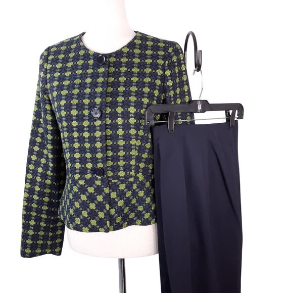 Austin Reed Blue Black Green 2 Piece Pant Jacket Suit Silk Wool Size 6 Size 10 P - Picture 1 of 7